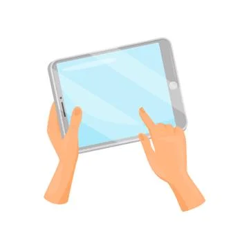 Human hand holding tablet computer and touching screen with finger. Modern Illustrazione stock