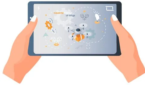 Human hand holding tablet pc with industrial internet of things webpage, smart 스톡 일러스트