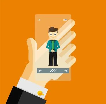 Human hand holding transparent screen smartphone with virtual assistant - Ilustração Stock
