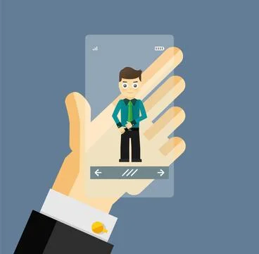 Human hand holding transparent screen smartphone with virtual assistant - Ilustração Stock
