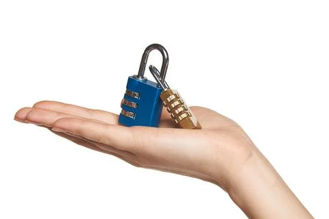 Human hand holding two Combination Padlocks on palm, on white Stock Photos