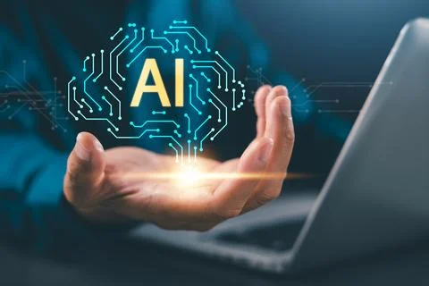 Human hand holds ai technology artificial intelligence robot smart circuit .. Stock Photos