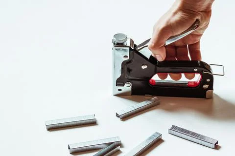 A human hand holds a construction stapler and metal staples lie nearby. Stock Photos