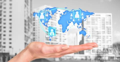 Human hand holds map projection with icons Stock Photos