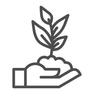Human hand holds seedling with leaves line icon, agriculture concept, sprout Illustration