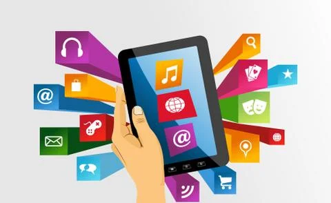 Human hand holds tablet pc with app icons. Illustrazione stock