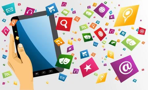 Human hand holds tablet pc with app icons. Stock Illustration