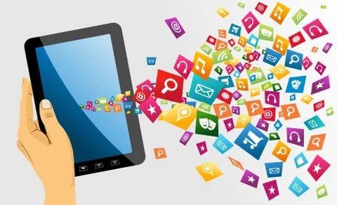 Human hand holds tablet pc with app icons. Stock Illustration