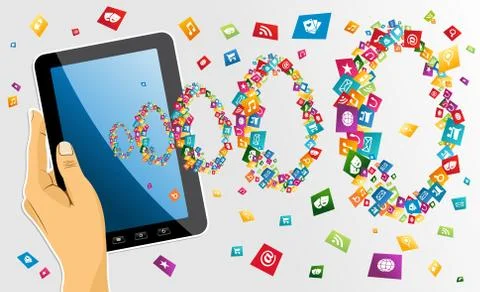 Human hand holds tablet pc with app icons. Stock Illustration