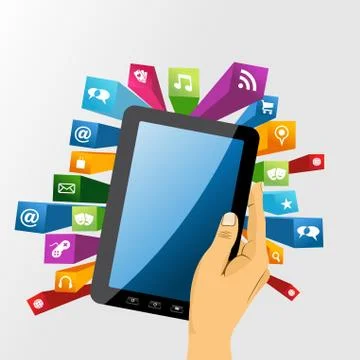 Human hand holds tablet pc with app icons. Illustrazione stock