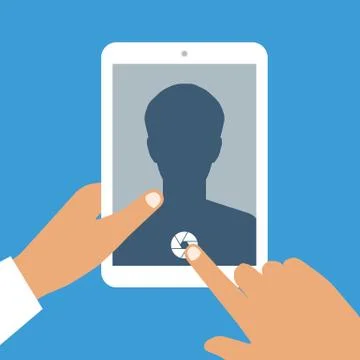 Human hand holds tablet pc with opened camera app Stock Illustration