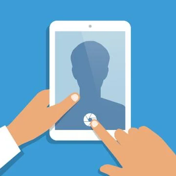 Human hand holds tablet pc with opened camera app Stock Illustration
