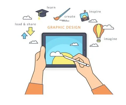 Human hand holds a tablet pc and draws a picture on the screen Stock Illustration