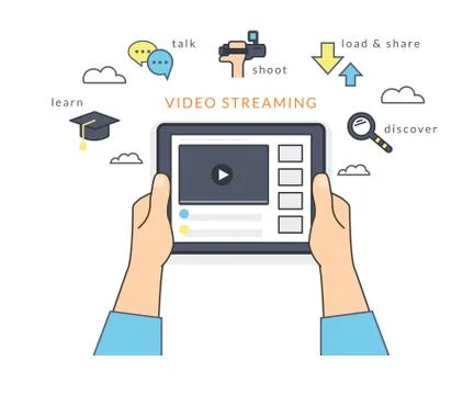 Human hand holds a tablet pc and watching a video online on the screen Illustrazione stock