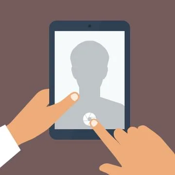 Human hand holds tablet pc with opened camera app. Vector background Stock Illustration