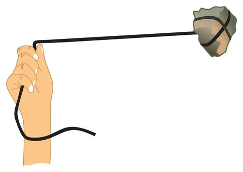 Human hand hovering a rope tied to stone flat design vector drawing isolated Stock Illustration