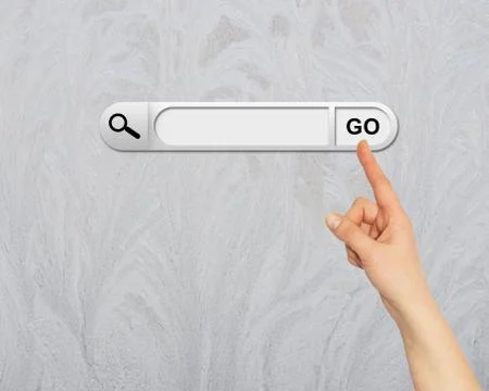Human hand indicates the search bar in browser Illustrazione stock