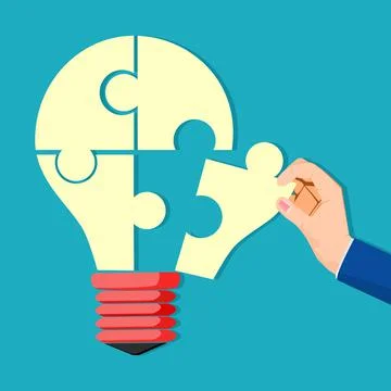 The human hand inserted the missing puzzle into the light bulb. full of creat Stock Illustration