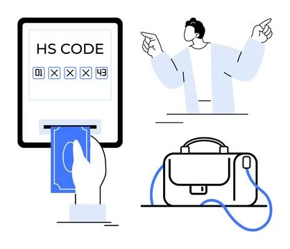 Human hand inserting blue banknote into slot of machine displaying HS CODE, m Stock Illustration