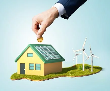 A human hand is inserting a coin into a building equipped with wind turbines Stock Illustration