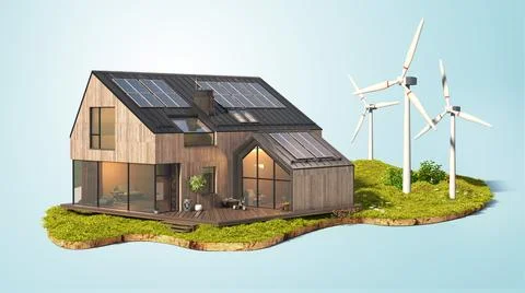 A human hand is inserting a coin into a building equipped with wind turbines Stock Illustration