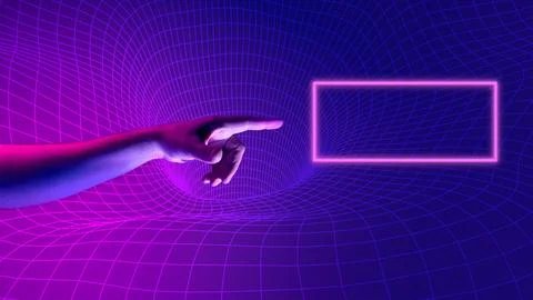 Human hand interacting in motion with geometric glowing figure, rectangle over 库存照片