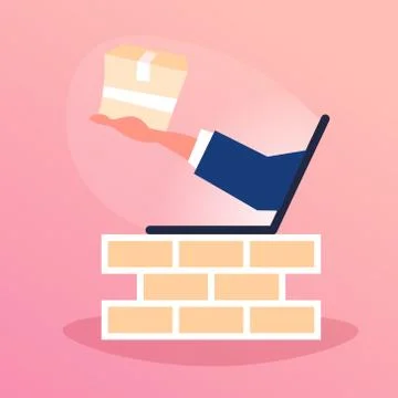 Human hand from laptop screen holding parcel paper box fast delivery concept Stock Illustration