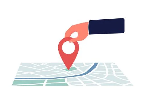Human hand moving red pin route sign on map, flat vector illustration isolated. Stock Illustration