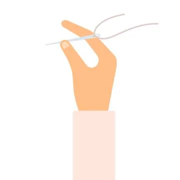 Human hand with needle and thread flat isolated Stock Illustration