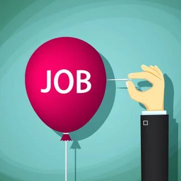 Human hand with a needle bursts a balloon with the word job. Illustrazione stock