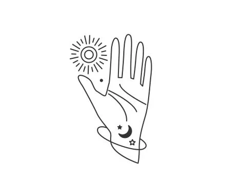 Human hand open in stop gesture reach out to sun, moon and star. Galaxy planet Stock Illustration