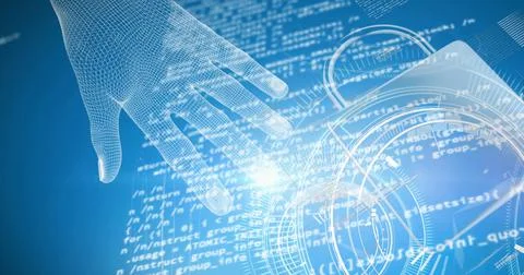 Human hand over security padlock icons and data processing on blue background Ilustração Stock