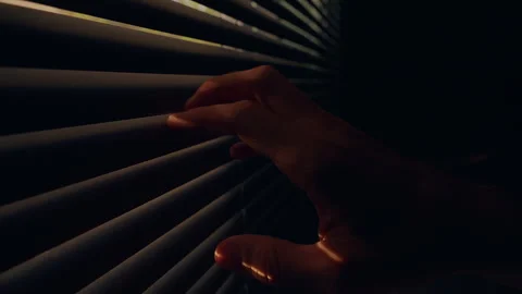 Human Hand Parts Window Blinds to Look Outside as Warm Sunlight Falls Across Fin Stock Footage 345137778