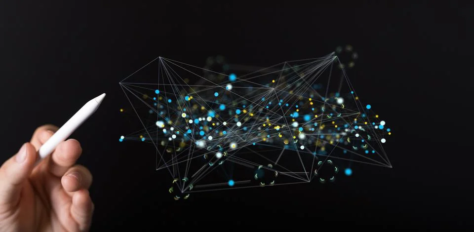 Human hand with a pen pointing on interconnected lines for teamwork connection Stock Photos