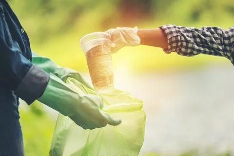 Human hand picking up plastic into bin bag on park. Stock Photos