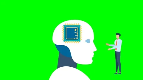 Human hand places a micro chip in a robot's head. Human-robot cooperation. AI Stock Footage 304695412