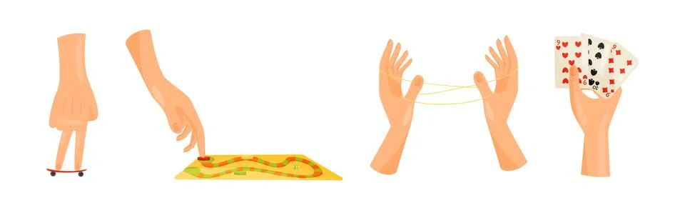 Human Hand Playing Different Game with Toys Vector Set Stock Illustration