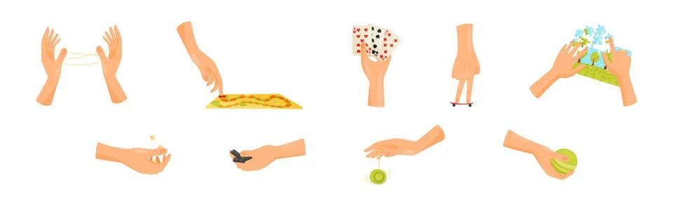 Human Hand Playing Different Game with Toys Vector Set Stock Illustration