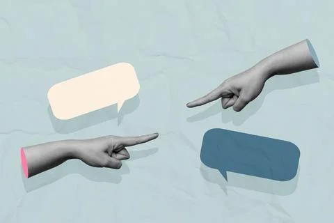 A human hand pointing each other and showing a speech bubble with a colored.. Stock Photos