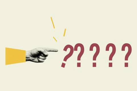 Human hand pointing finger at multiple question marks on light background Stock Photos