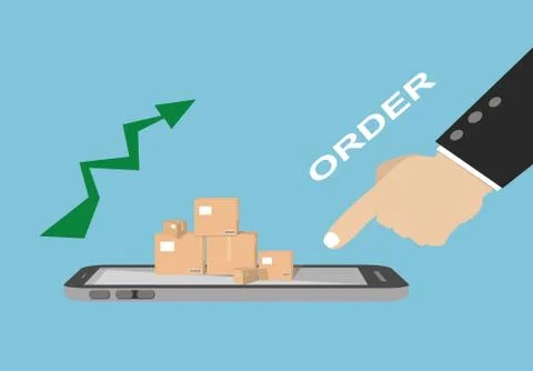 Human hand pointing finger to order products package boxes from a smartphone Stock Illustration