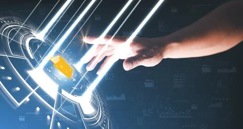 Human hand pointing at icon, document and database management concept. reco.. 스톡 사진