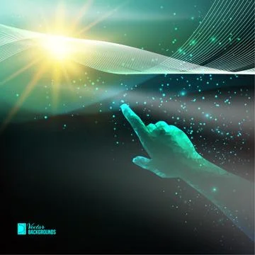 Human hand pointing to night sky. Illustrazione stock