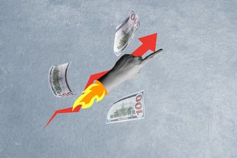 A human hand pointing to a red increase chart of bills with flying dollar b.. Stock Photos