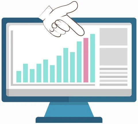 Human hand pointing to table software computer screen with financial accounting 스톡 일러스트