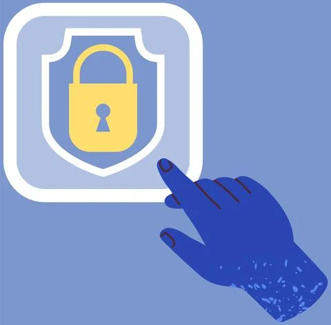Human hand points to lock, security symbol. Closed padlock with keyhole as mobie Stock Illustration