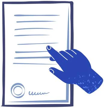 Human hand points to paper with data. Person showing document, information sheet Illustrazione stock