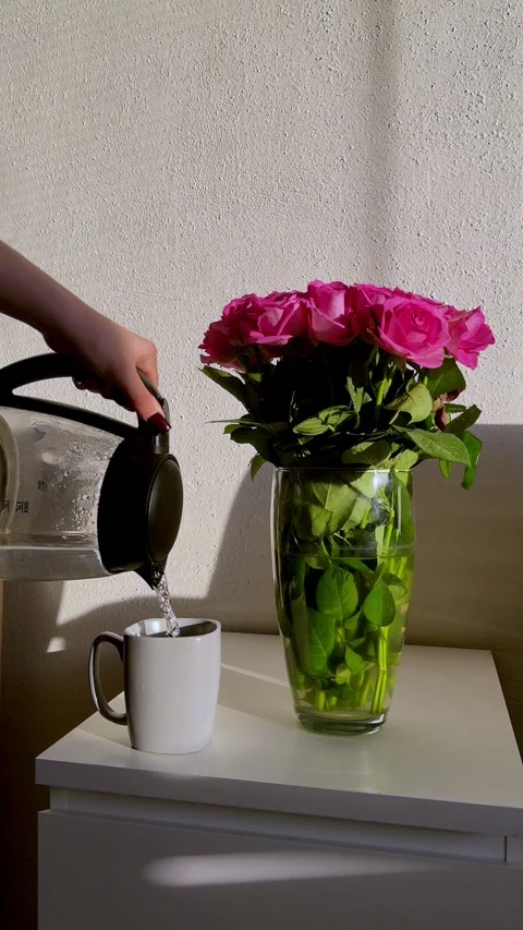 Human hand pours clear water from glass kettle into white ceramic mug, placed Stock Footage 333181106