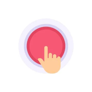 Human hand press on huge circle red button vector flat illustration. Person f Stock Illustration