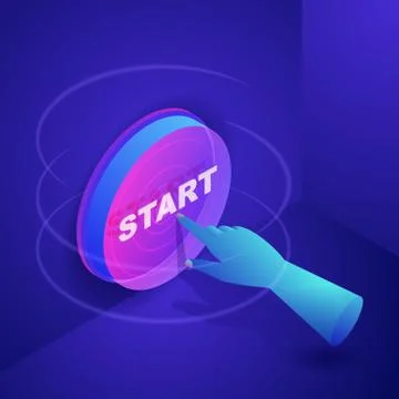 Human hand press start button. Business start-up concept. Vector neon gradien Stock Illustration